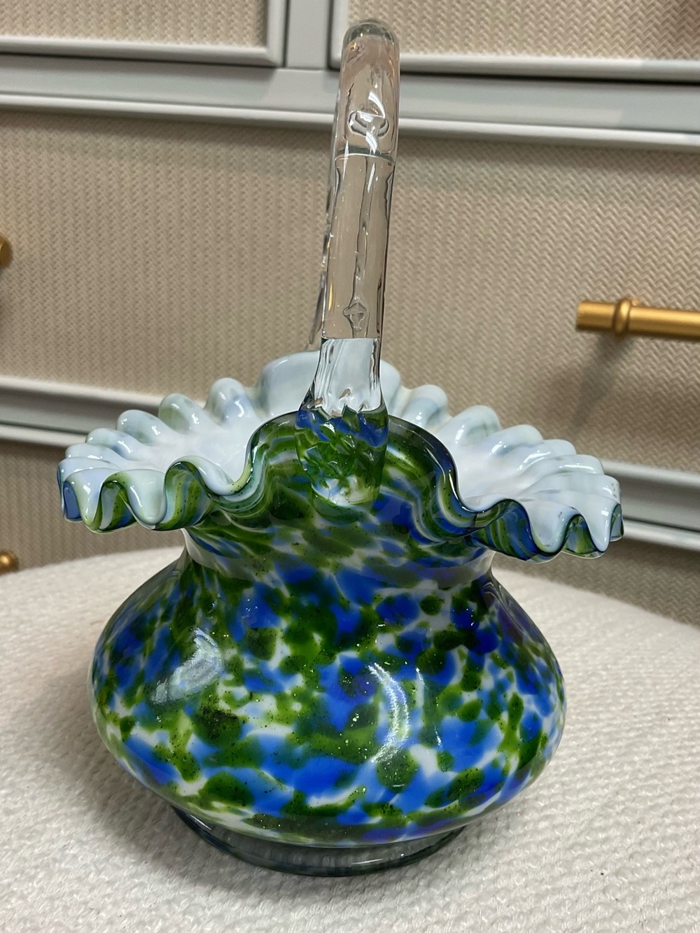 Vintage Fenton Glass Basket Aventurine Vasa Murrhina Green Blue